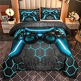 NTBED Gamer Gamepad Comforter Set for Boys Girls Kids 3D Gaming Geometric Lightweight Microfiber Bedding Sets (Gray, Queen)