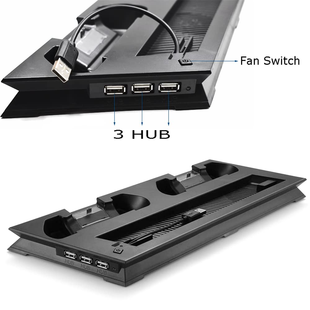 Soporte Vertical de enfriamiento para PS4 Slim, estación de Carga para Dos mandos y Base de enfriamiento para Dos Ventiladores con concentrador USB, Accesorios para Consolas