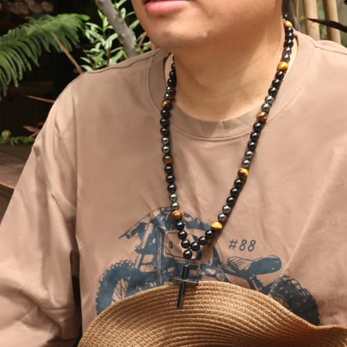 Healing Crystal Beads Necklace for Men Triple Protection Men Cross Necklace Black Obsidian Tiger Eye and Hematite Beads Christmas Gifts for Prayer and Meditation2