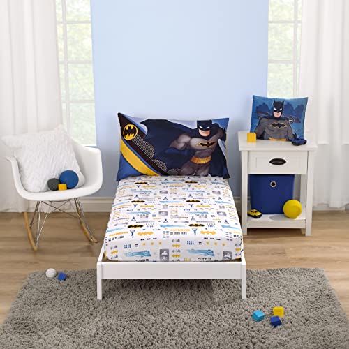Warner Brothers Batman The Caped Crusader Blue Gray and Yellow Bat-Signal and Batmobile 2 Piece Toddler Sheet Set - Fitted Bottom Sheet and Reversible Pillowcase