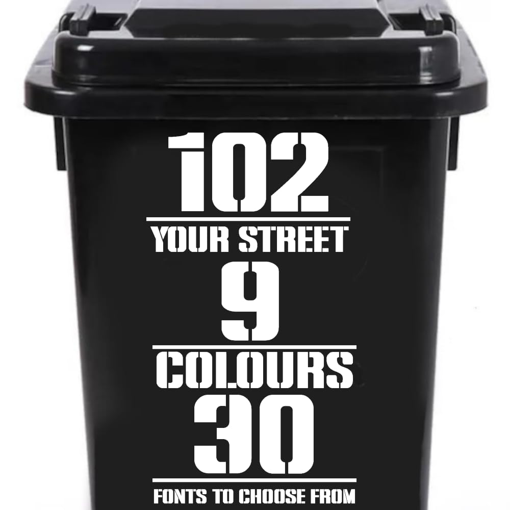 Pack of 3 Wheelie Bin Number & Name Stickers - Waterproof Decal - 30 Fonts - Easy to Apply - Long Lasting (30cm/11.8" Long)