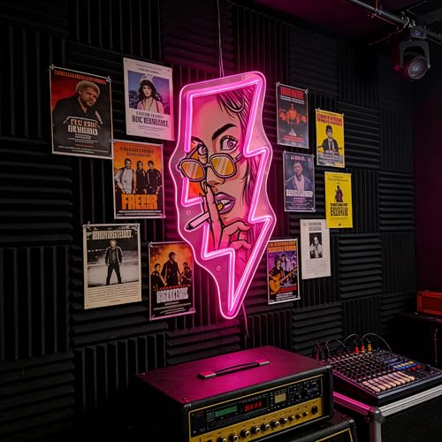 Image of Pop Art Girl Neon Sign - USB LED Lightning Bolt Shaped Night Light, Comics Style Lady with Glasses Wall Decor, Pink Hanging Lamp for Teen Girls Bedroom, Bar, Game Room, Coffee Shop, Birthday Gift (lighting)