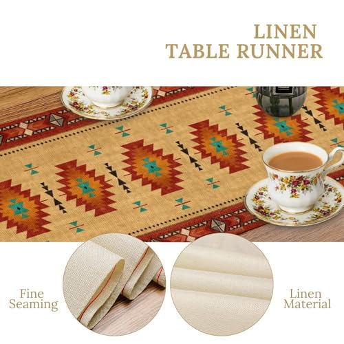 Image of Southwestern Aztec Table Runner, Vibrant Colorful Geometric Tribal Pattern Faux Linen, Bright Boho Dining Decor for Kitchen Table 13x36 Inch