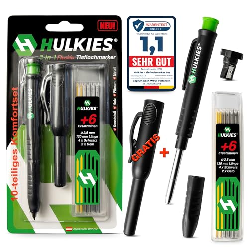 Hulkies 3-in-1 Tieflochmarker – 10-teiliges Profi-Set: Zimmermannsbleistift, Tieflochstift & Köcher – Markierstift für Handwerker inkl. 6 Ersatzminen & integriertem Spitzer