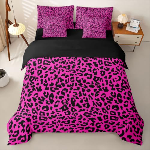 Loussiesd Juego de funda de edredón con estampado de leopardo negro y rosa intenso, 7 piezas, para niños y niñas, con funda de edredón, sábanas, fundas de almohada, fundas de cojín