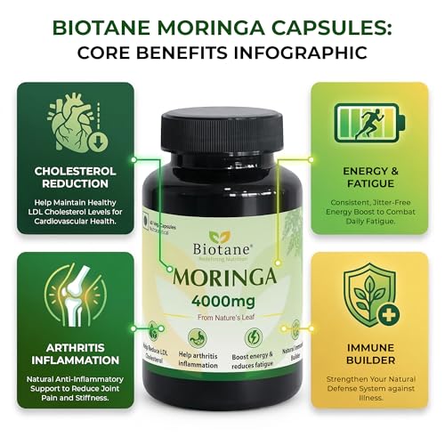 Image of Biotane Moringa 4000mg Capsules | Only 1 Capsule a Day | Natural Multi-Vitamin Supplement | Manufactured in technical collaboration with Vitane Pharma, USA I Pack of 60 Veg Capsules
