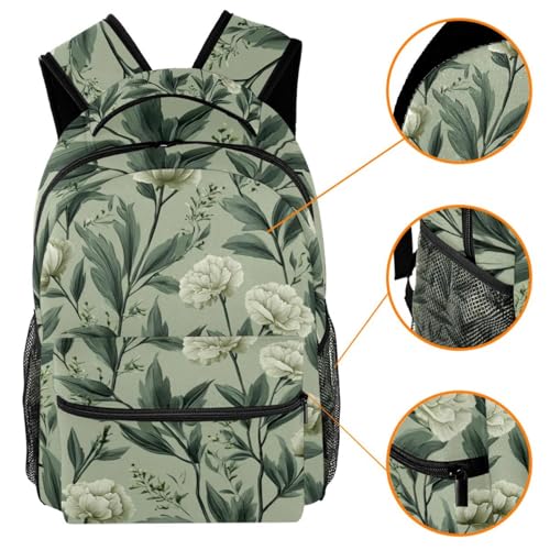 Sage Green Flowers with Leaves Pattern (5) Student Bags Travel Backpacks for Boys Girls 29.4x20x40cm11.5x8x16 in3