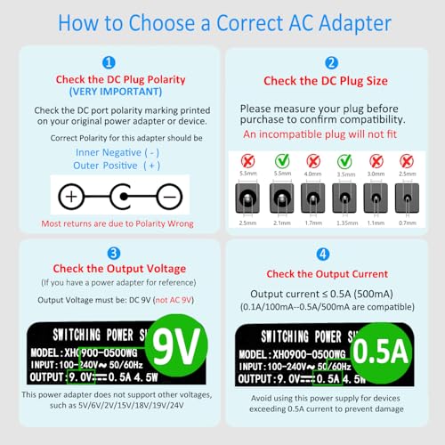 Security-01 DC 9V 0,5A 500mA Netzteiladapter, Stecker 5,5 mm x 2,1 mm, Mittig Negativ