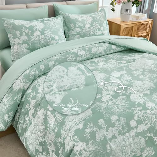 Image of DJY Floral Green Comforter Set-King Size 7 Piece Bed in a Bag,Queen Comforter Set with Sheets,Farmhouse Comforter