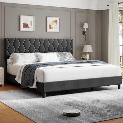 GarveeHome Full Size Platform Bed Frame with Upholstered Headboard and Wooden Slats Support, Upholstered Mattress Foundation/No Box Spring Needed/Easy
