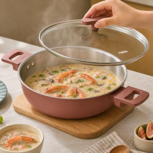 Image of Ember Cookware 5-Ply Stainless Steel Kadai with Glass Lid | 24cm 2.6L | Induction & Gas Compatible | 100% PTFE & PFOA Free | Scratch-Resistant Ceramic Exterior | Terracotta