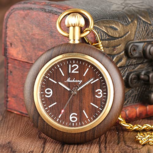 Retro unieke zwarte sandelhout quartz zakhorloge mode ronde wijzerplaat hout horloge met 30cm gouden ketting heren uur klok geschenken Heren Zakhorloges - Afbeelding 3