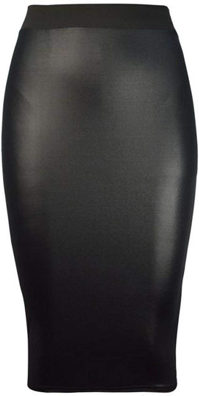 GirlzWalk@ Womens Celebrity Inspired High Waisted Wet Look Bodycon Pencil Skirt (Black, ML/UK 12-14)