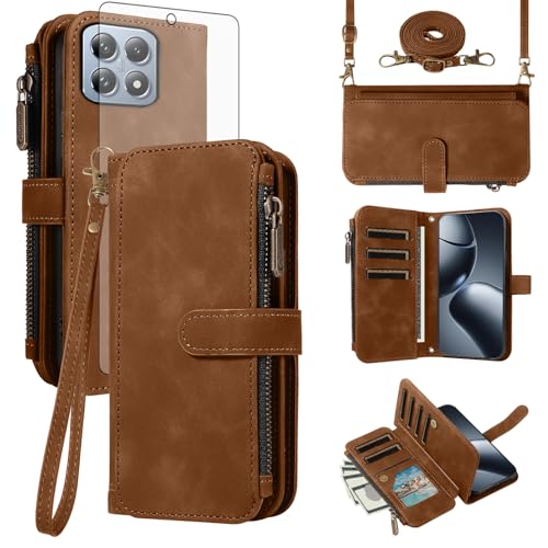Coque portefeuille Xiaomi 14T en cuir PU marron avec chaîne fine et vitre de protection