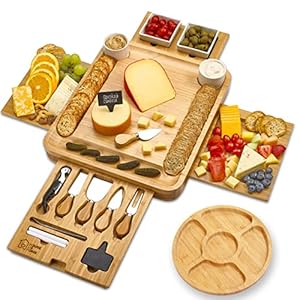 Cheese Board – 2 Ceramic Bowls 2 Serving Plates. Magnetic 4 Drawers Bamboo Charcuterie Cutlery Knife Set, Round Tray, 2…