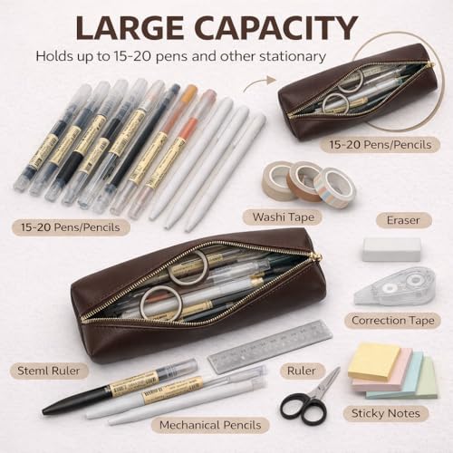 Image of Pencil Case Small Zipper Pen Pouch for School Office Art Supplies Stationery Organizer Bag for Pens Markers(Dark Brown /Faux Leather)