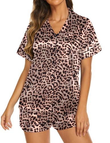 Image of Ekouaer Silk Pajamas for Women Short Sleeve Sleepwear Soft Button Down Loungewear 2 Piece Satin Pjs Shorts Set