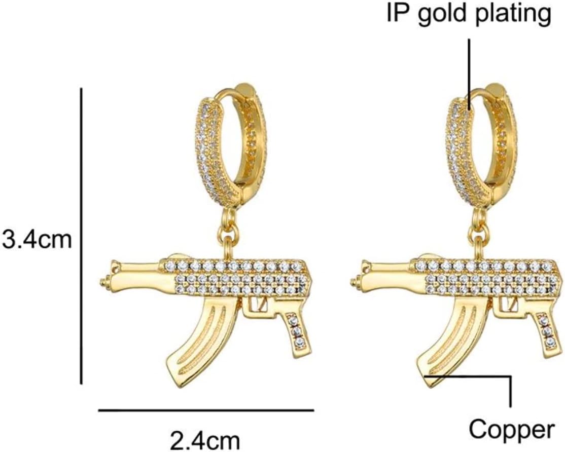 Custom Dangle Drop Ak47 Gold Gun Crystal Diamond Unisex Earrings