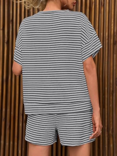 Image of Tankaneo Womens Pajama Sets Striped 2 Piece Lounge Sets Short Sleeve Oversized T Shirts Drawstring Shorts Matching Set