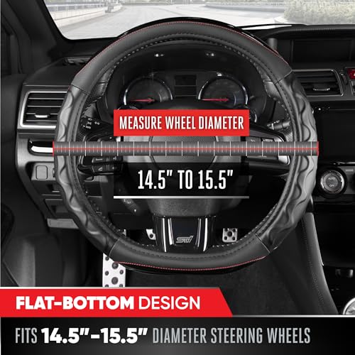 Image of Motor Trend Redline D-Shaped Steering Wheel Cover - Premium Flat Bottom Car Steering Wheel Cover, Black Faux Leather Sterring Wheel Cover, Standard 15 inch