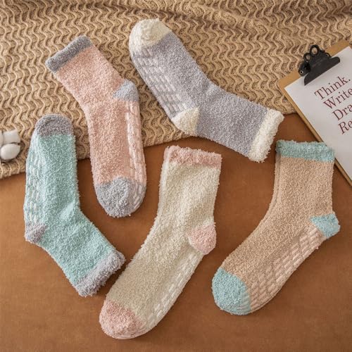Image of Non Slip Fuzzy Socks Winter Women Cozy Hospital Socks,Cozy Hospital Socks Warm Fluffy Slipper Socks with Grips Home Grip Socks (5 Pairs,Multicolor)
