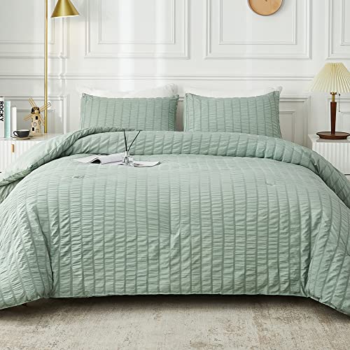 Image of AveLom Seersucker Queen Comforter Set, Sage Green, 90x90, 3 Pieces