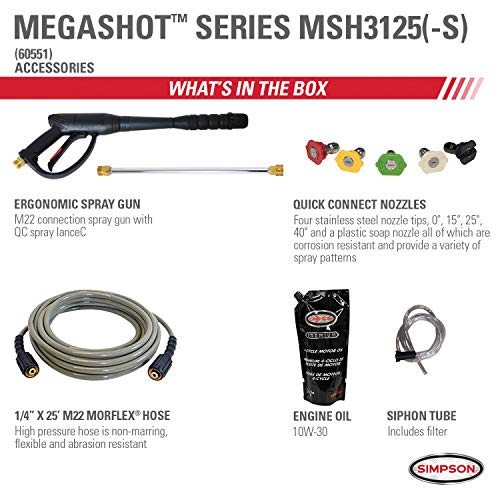 Simpson Cleaning MSH3125 MegaShot Gas Pressure Washer Powered by Honda GC190, 3200 PSI at 2.5 GPM, black