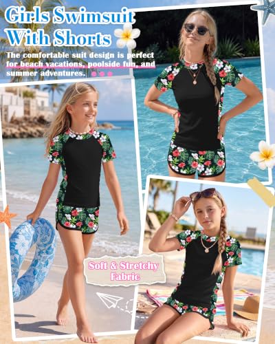 Image of Xaatren Girls 2 Piece Rash Guard Swimsuit | Quick Dry Bathing Suits, Short Sleeve Floral Beach Swimwear, Summer Tee and Boyshort Sets, Protection, Hawaiian, 7-16 Year