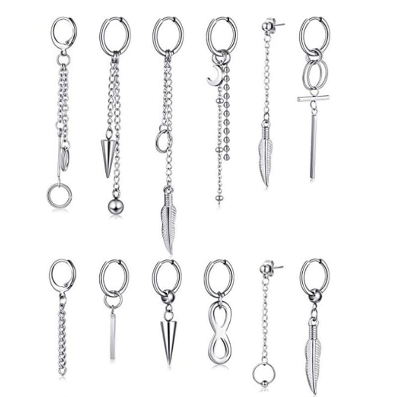 CHOOSEBERRYSilver Plated Ear Cuff Hip Hop Stainless Steel Tube Circle Clip On Hoop &Tassel Chain Dangle Earrings for Boys & Girls