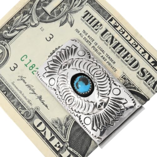 Navajo Turquoise Hammered Hand Stamped Sterling Money Clip Assorted Traditional Patterns on German Silver Clamp 00852