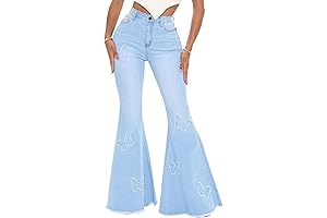 Butterfly Bell Bottom Jeans: Embroidered, Flared Denim with High Waist and Raw Hem