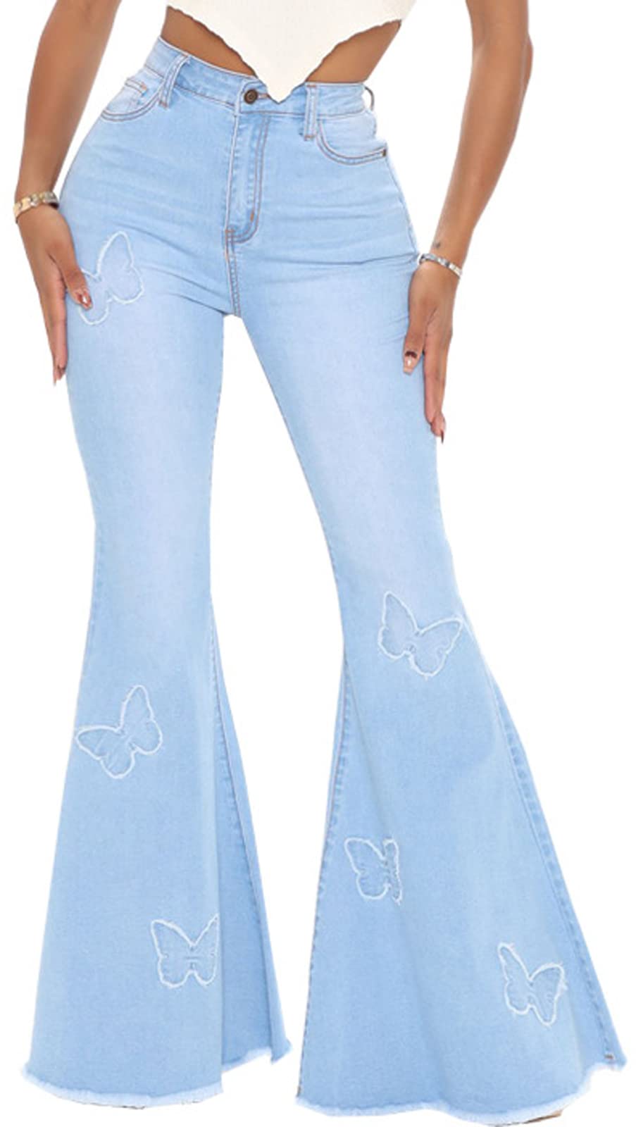 Paladmomwomens Butterfly Bell Bottom Jeans Elastic High Waisted