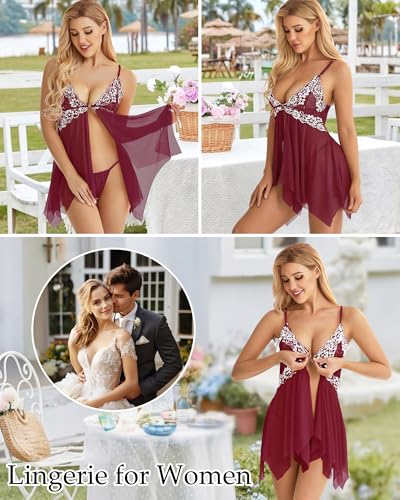 Image of ADOREJOY Women Lingerie Babydoll Front Closure Mesh Lace Chemise Sleepwear Nightie