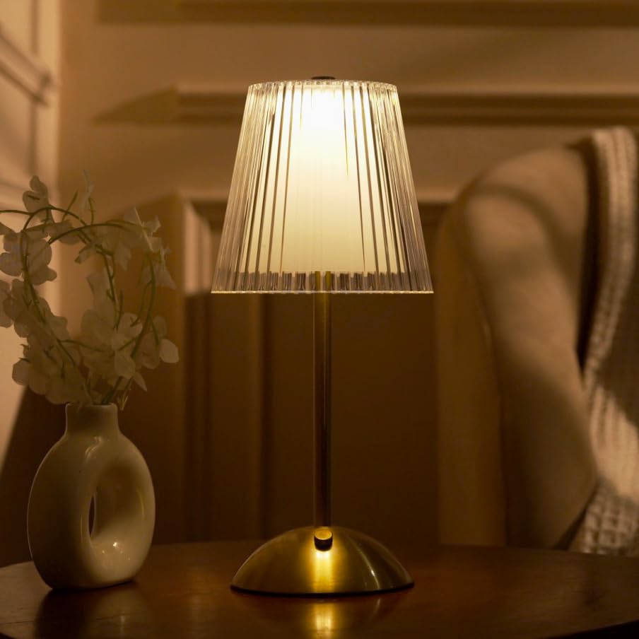 NYRWANA Table Lamp | 2000mAh Battery | Home Decor, Lamps for Bedroom, Lamp for Living Room, Stepless Dimming, 3 Colour Touch Control, USB-c Charging, Rakhi Gift for Brother & Sister (Metal - Glass)