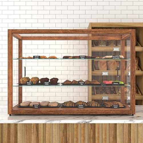 Image of KoolMore 42 in. Horizontal Dark Wood Countertop Dry Bakery Display Case, Large Bread, Pastry and Dessert Display with Tempered Glass