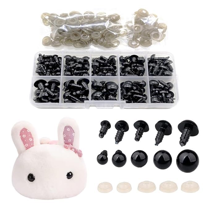100-Pack Black Safety Eyes with Washers for Crochet, Amigurumi, Dolls, Plush Toys & DIY Crafts – 6mm to 12mm Sizes