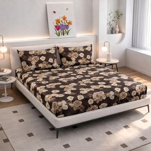 Image of King Size Bedsheet Cotton for Double Bed | Flat - 90x100 Inch, Floral, Soft & Breathable, Fade & Shrink Resistant, 2 Pillow Covers | Cocoa Rose Charm, Chocolate Brown