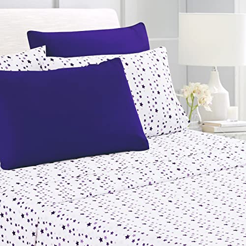 American Home Collection Ultra-Soft Microfiber Sheet Set - Double Brushed - Wrinkle and Stain Resistance - Fit 14 inches Deep Pocket - 4 Pieces Set (Twin, Purple Stars)