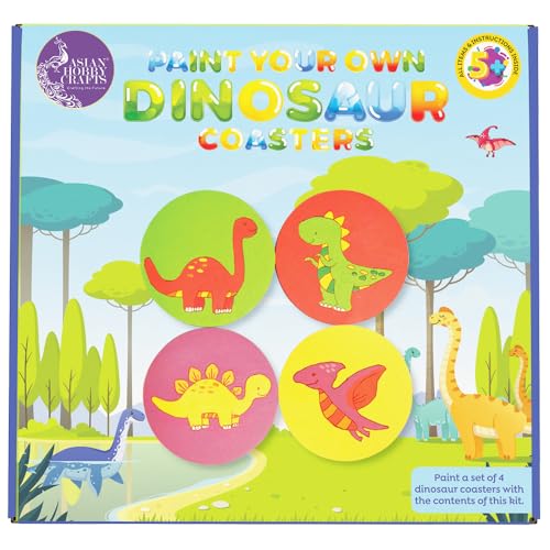 Image of Asian Hobby Crafts DIY Coaster Painting Kit - 4 Pre-Marked Coasters, Paint & Brush Set | Dinosaur Theme Art and Craft Kit for Kids & Adults (4-12) | Painting & Coloring Kit for Birthday Return Gift