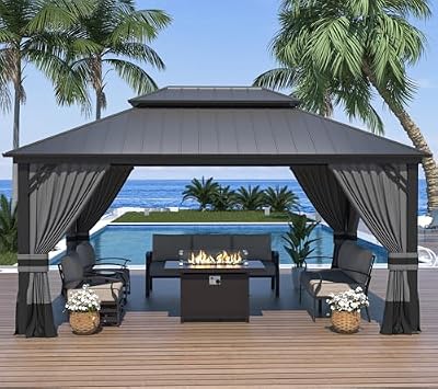 ALAULM 12'x14' Hardtop Gazebo, Outdoor Double Roof Canopy with Netting and Curtains, Galvanized Metal Frame, Sunshade for Patio, Backyard, Deck and Lawns-Gray