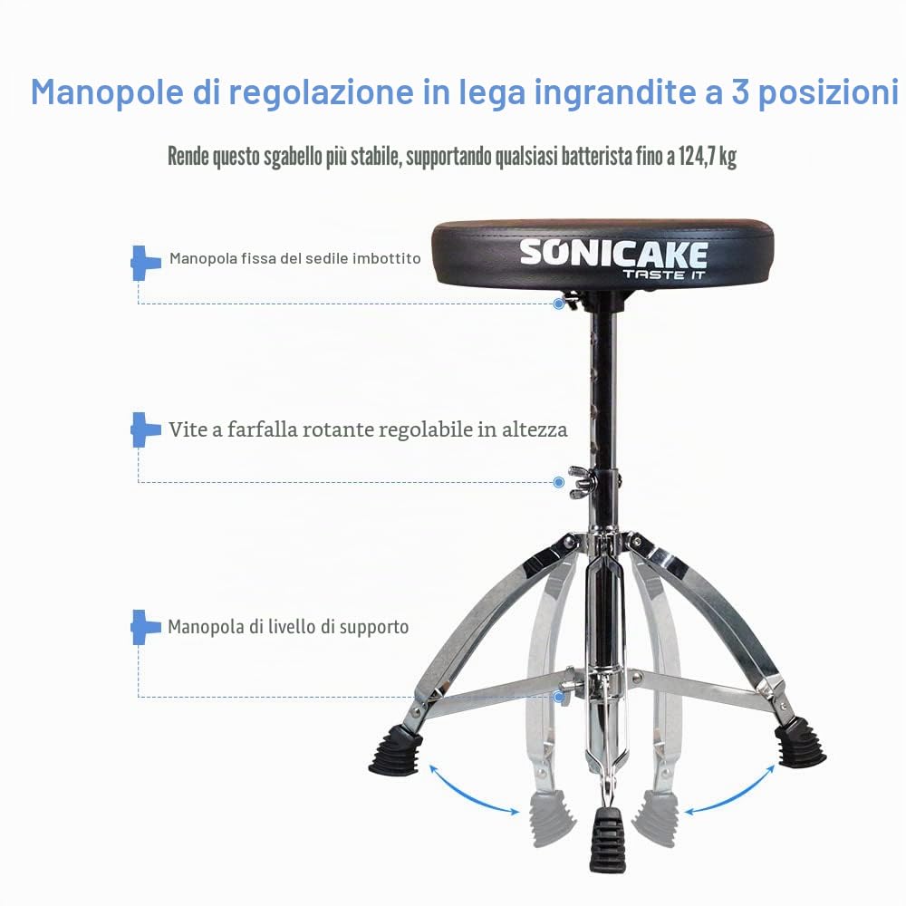 SONICAKE sgabello per batteria regolabile in altezza pieghevole con sedile di tamburo imbottito antiscivolo nero