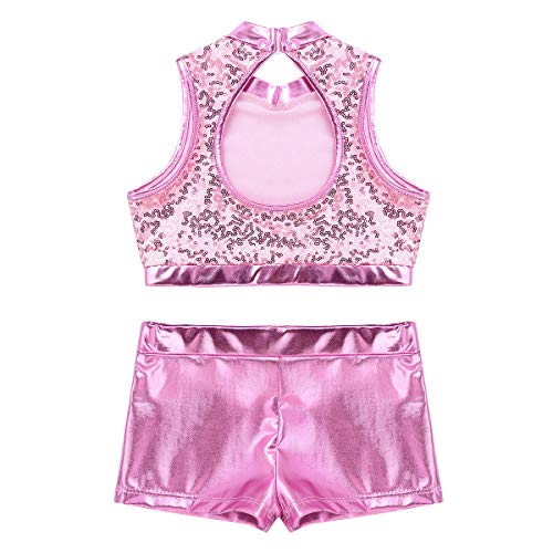 Image of easyforever Kids Girls 2PCS Shiny Mermaid Scales Ballet Dance Outfit Crop Top with Short Tankini Swimsuit