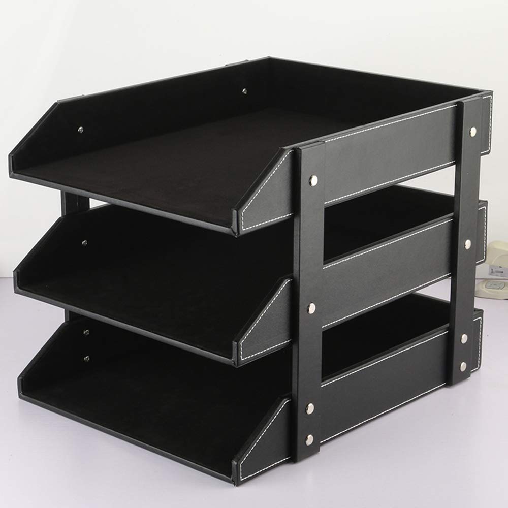 Organizador de archivos de escritorio de cuero, bandeja apilable de tres capas, se utiliza para almacenar documentos, carpetas, artículos de papelería, revistas, periódicos, cartas y otros artículos