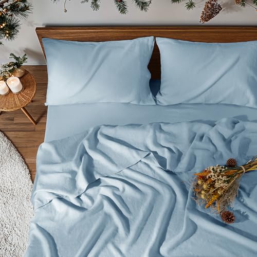 Image of 100% Pure Linen Sheet Set for Hot Sleepers, Breathable Natural Linen Sheets 4pcs, Bedding Set Deep Pocket Up to 16 inch Moisture-Wicking, Softens with Every Wash (Dusty Blue, Cal King)