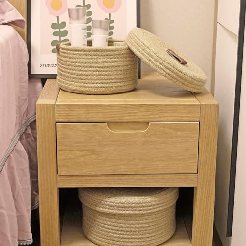 Image of [Set of 2-9.5x5 inch & 11x6.5 inch, Round, Beige] Handwoven Soft Jute Cotton Basket with Lid | Eco-Friendly, Naturally Reshapes After Filling | Ideal for Organization & Gift Hampers