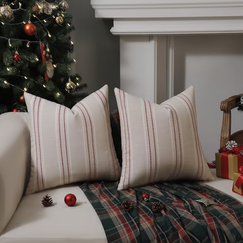 Image of Hckot Christmas Throw Pillow Covers 24x24 Set of 2 Red Pillow Covers Striped Decorative Pillows Xmas Decorations Cushion Covers Winter Holiday Decor for Sofa Couch Living Room(Red)