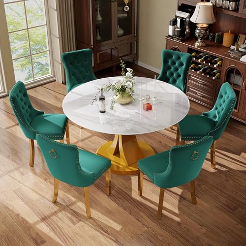 Image of 7-Piece Dining Table Set with 47In Faux Marble Table and 6 Velvet Upholstered Chairs, Modern Scandinavian Furniture for Dining Room Kitchen(Green&Gold)