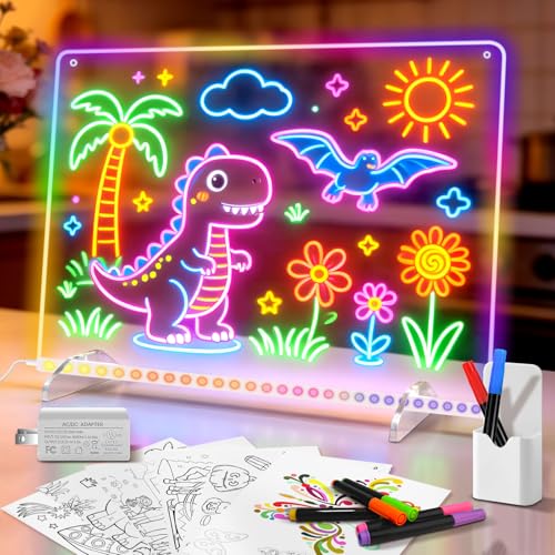 Lumiboard Leuchtendes LED Zeichenbrett für Kinder Led Zeichentafel mit 13 Farben & 6 Modi mit Schalter 35x25 cm inklusive Adapter Aufhängekette&Ständer Acryl Notiztafel kreatives Geschenk