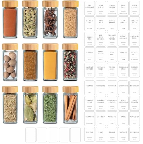Image of VILON 120ml Glass Spice Jars with Airtight Bamboo Lids - Set of 12 Square Seasoning Containers - Premium Spice Organizer with Shaker Lids - Clear Glass Kitchen Storage Jars
