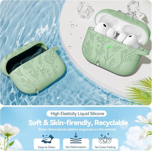 Image of Meyaar Silicone Case for AirPods Pro 3 Floral Embossed, Flower Engraved Soft Silicone Cover with Keychain, Anti-Scratch, Shockproof Protective Case Cover (Pistachio Green, for AirPods Pro 3 (2025))